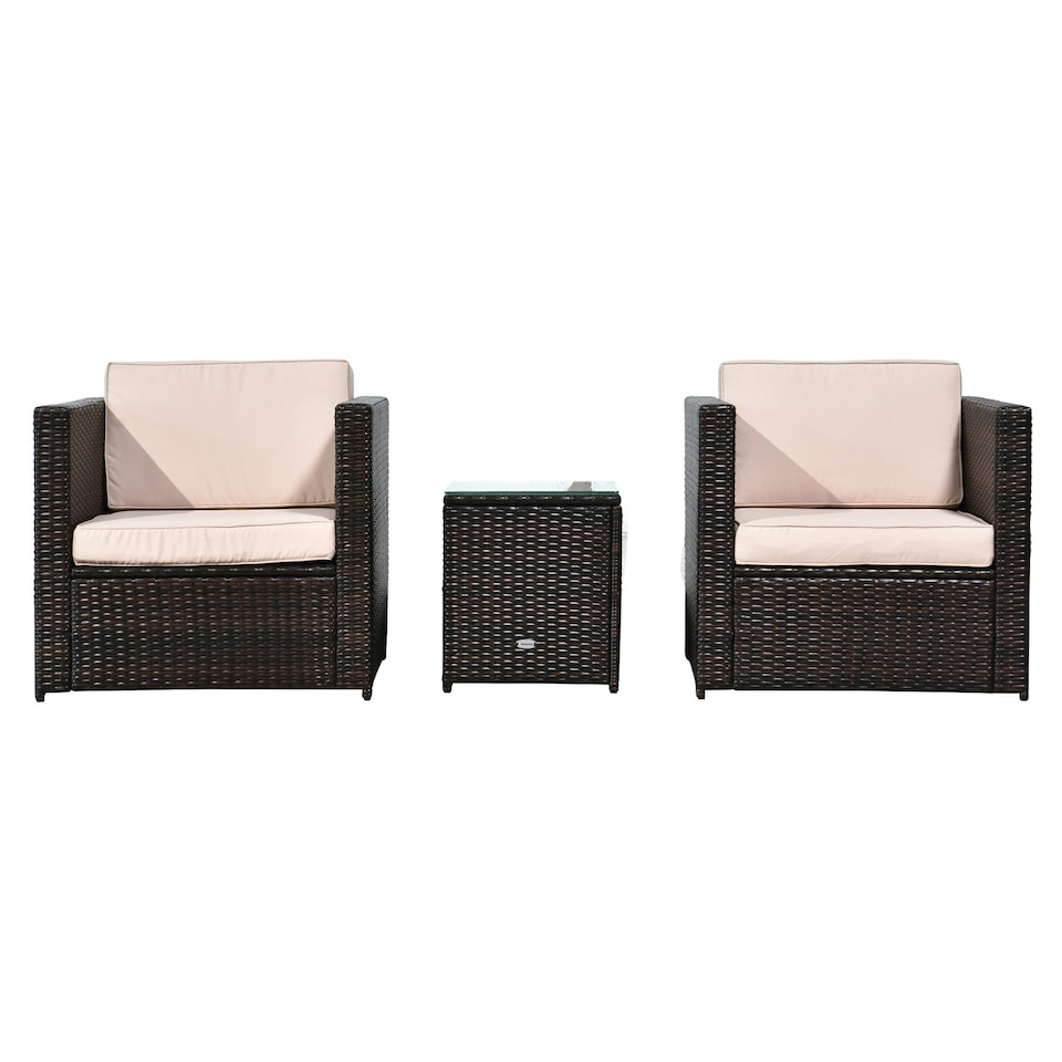 image 1 of Outsunny 3Pcs Patio 2 Seater Rattan Sofa Garden Furniture Set Coffee