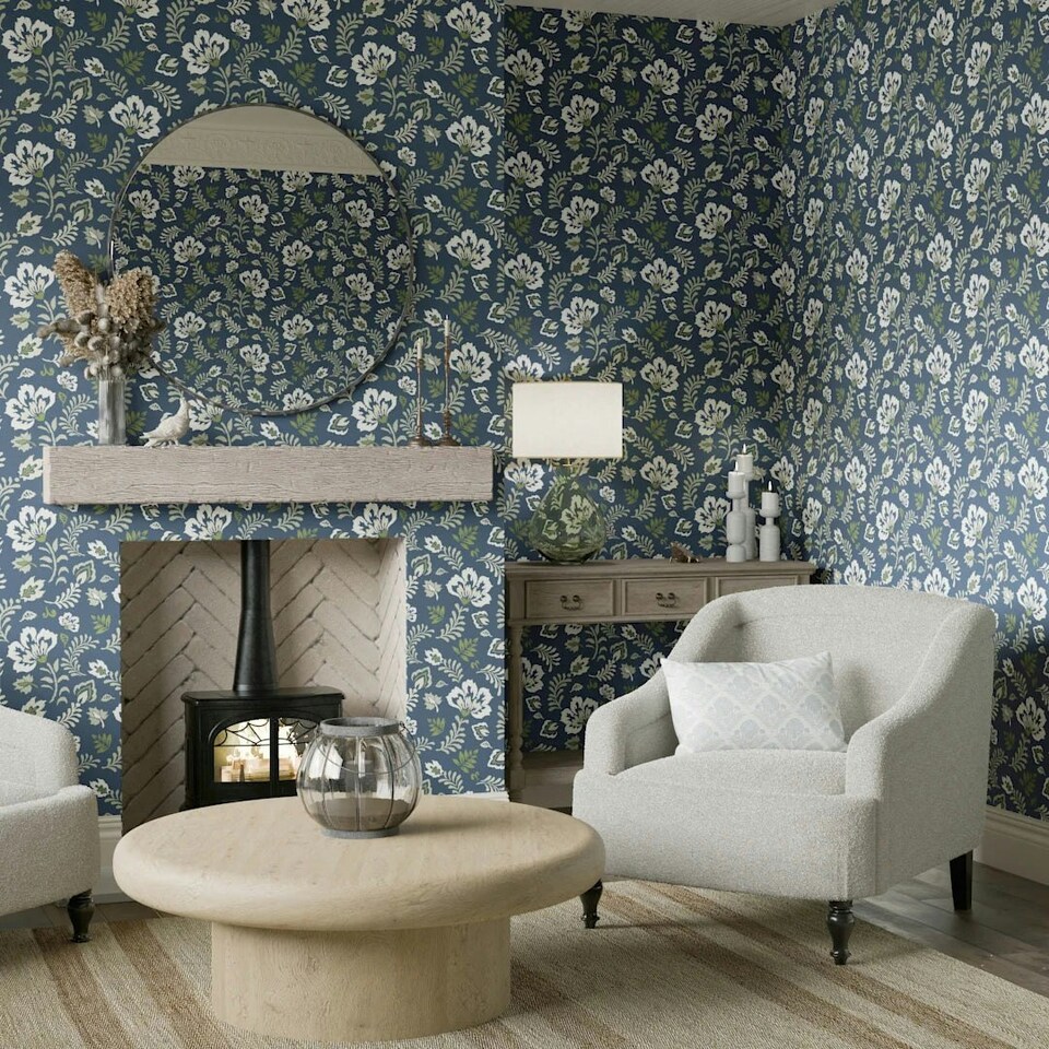 image 1 of Folk Foliage Wallpaper in Navy and Sage Multi