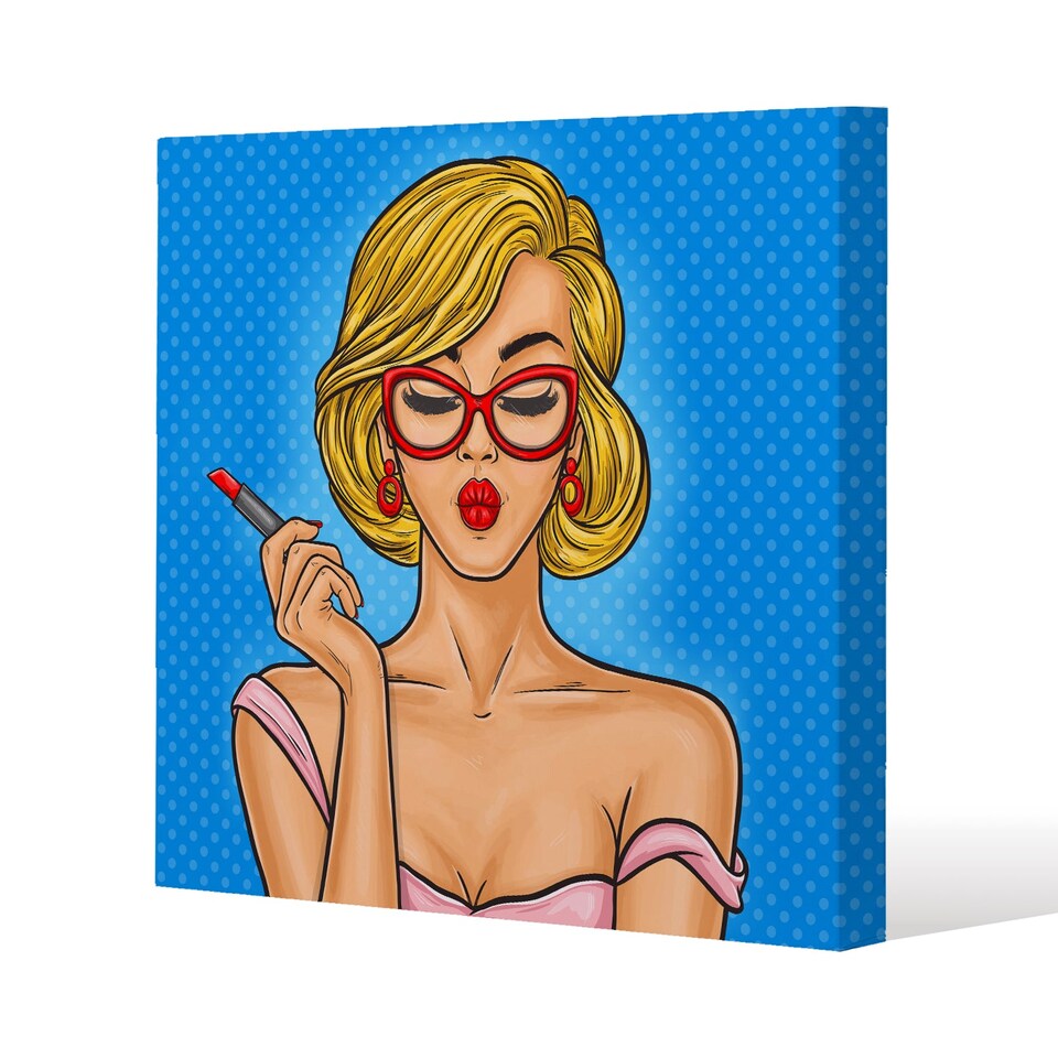 Pop art illustration woman paints her lips (Canvas Print) / 61 x 61 x 4cm | Multi