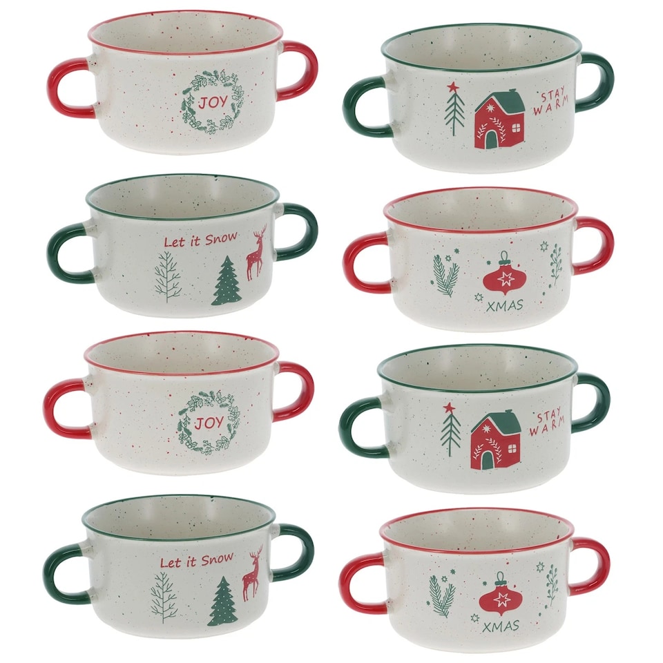 image 1 of Christmas Soup Mugs Jumbo Stoneware Two Handle Festive Xmas Bowls | Multi | Set of 8