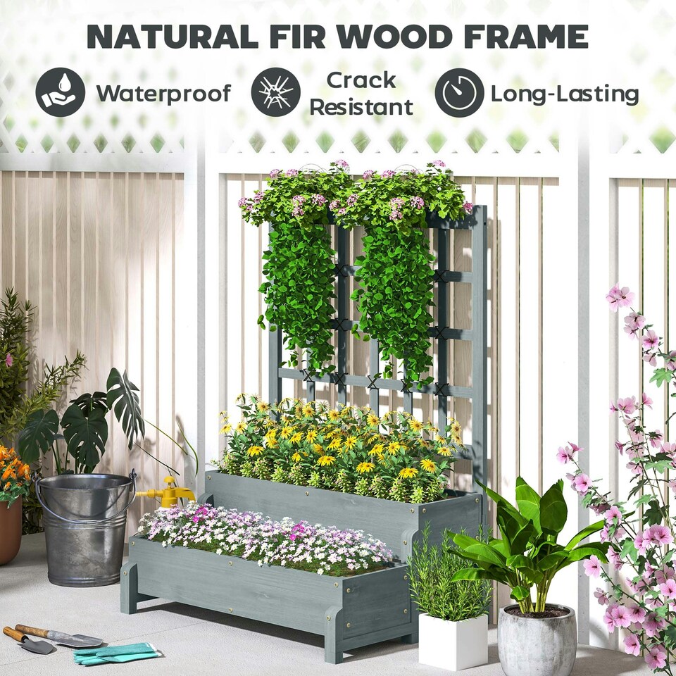 image 1 of Outsunny 2-Tier Wooden Raised Bed with Trellis and Drainage Holes, Brown 