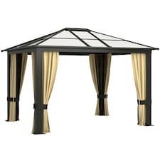 Outsunny 3 x 3.6m Hardtop Gazebo Canopy with Polycarbonate Roof and Aluminium Frame, Garden Pavilion with Mosquito Netting and Curtains, Brown