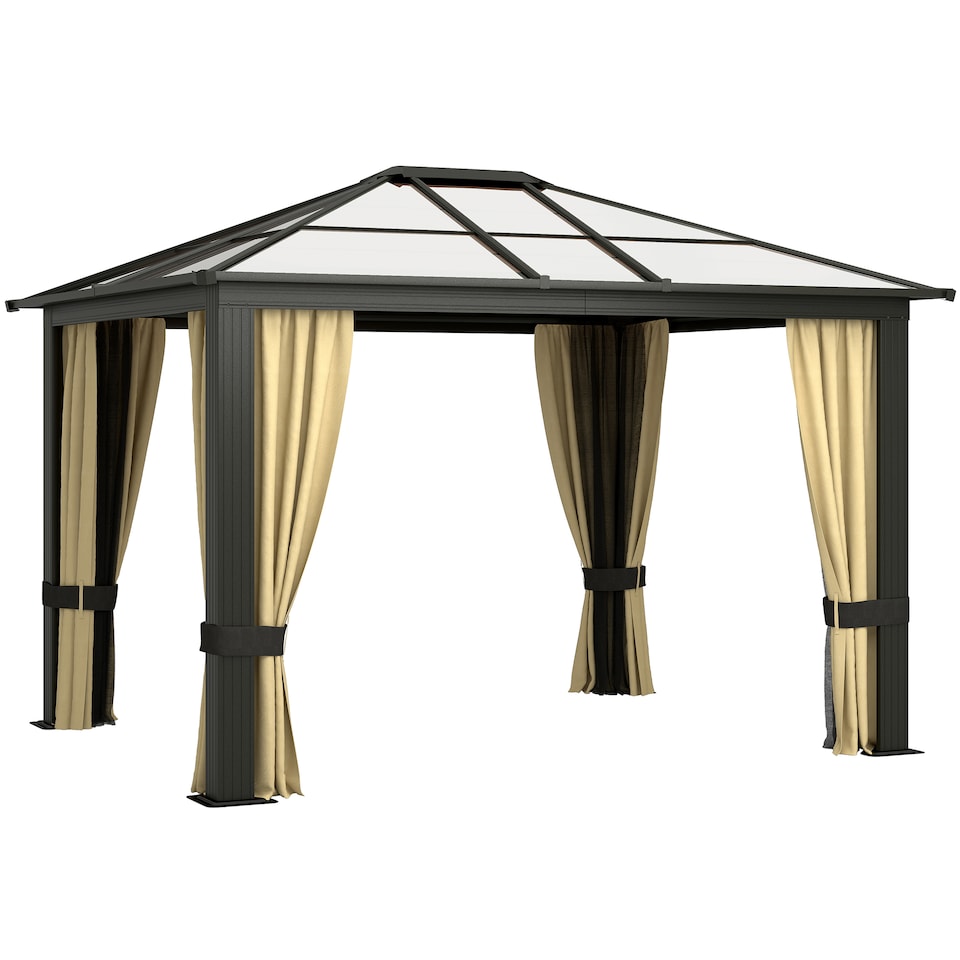 image 1 of Outsunny 3 x 3.6m Hardtop Gazebo Canopy with Polycarbonate Roof and Aluminium Frame, Garden Pavilion with Mosquito Netting and Curtains, Brown