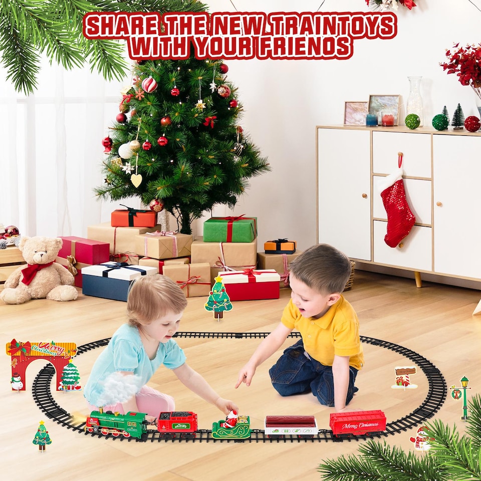 image 1 of Christmas Train Set with Steam, Lights & Music – Electric Holiday Toy Train with Realistic Smoke, 1 Locomotive + 4 Carriages + 12 Tracks