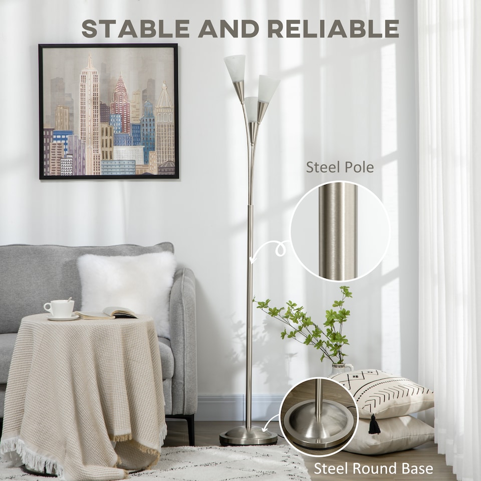 image 1 of HOMCOM Modern Upright Floor Lamp with 3 Light, Steel Base for Living Room