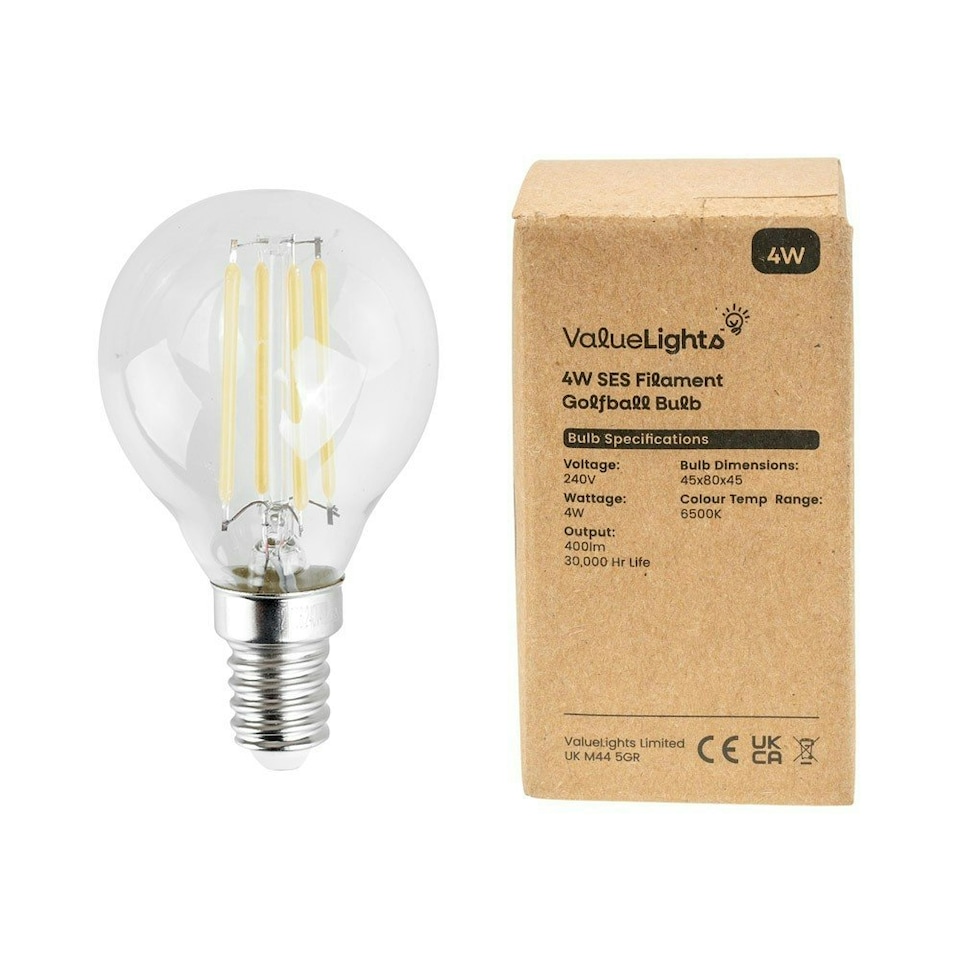 image 1 of ValueLights 10 Pack Vintage Filament E14 Clear Glass Golfball LED 4W Cool White 6500K 400lm Light Bulb