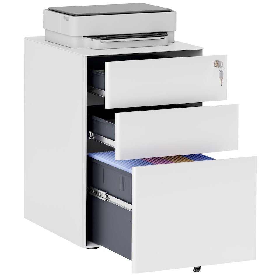 image 1 of Vinsetto 3-Drawer Mobile Filing Cabinet, Steel Lockable File Cabinet for A4, Legal, Letter, Compact Under Desk Storage Unit with Pre-Assembled Body Except Wheels for Home Office, 39 x 48 x 59cm, White