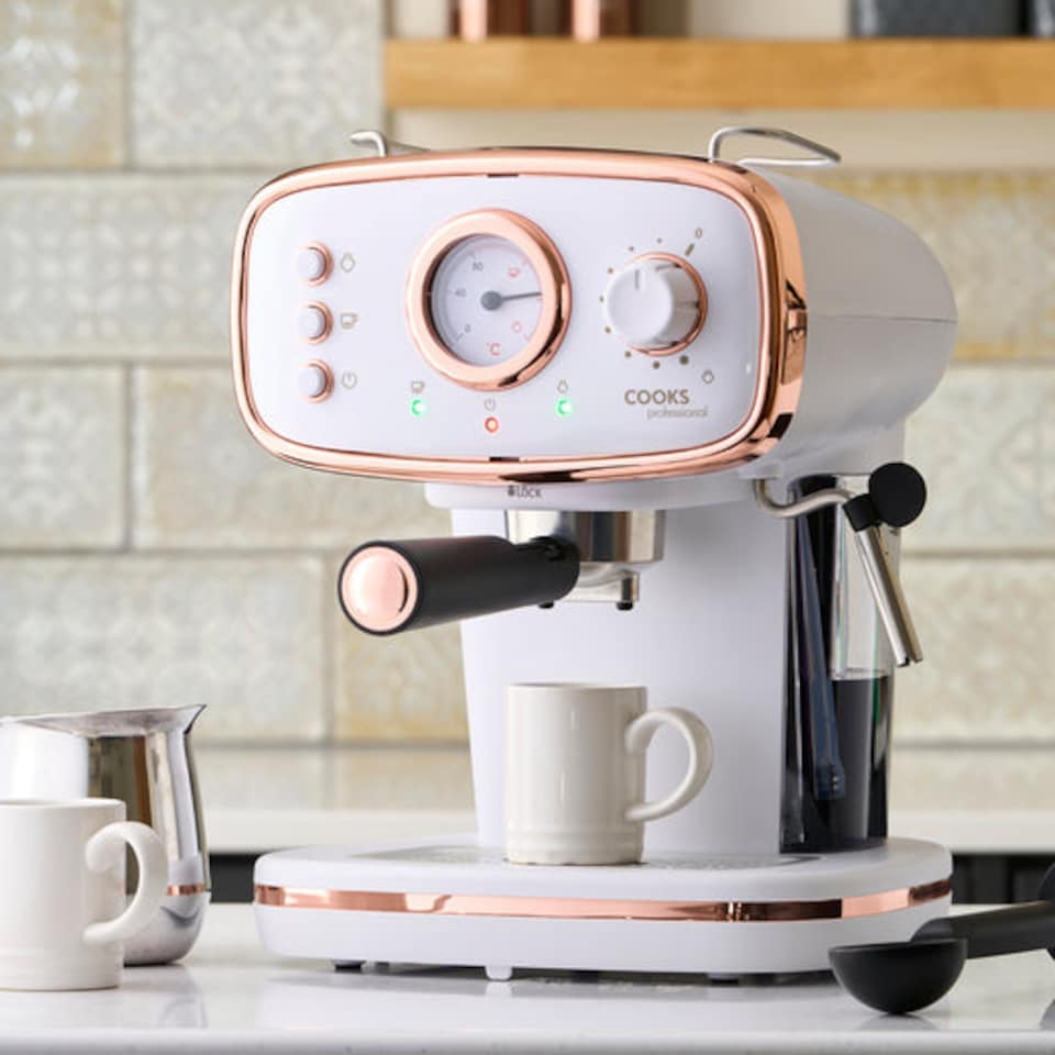 image 1 of Cooks Professional 15-Bar Retro Espresso Coffee Machine 1.2L with Frothing Steam Wand | White | White & Copper
