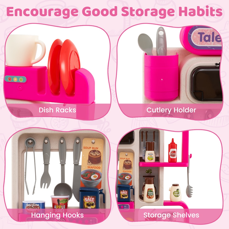 image 1 of COSTWAY Kids Kitchen Playset Corner Play Kitchen with Realistic Sounds-Pink