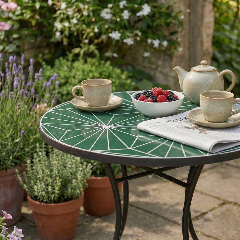 image 1 of 60cm Round Mosaic Ceramic Garden Bistro Table | Multi | Geometric Green | 1