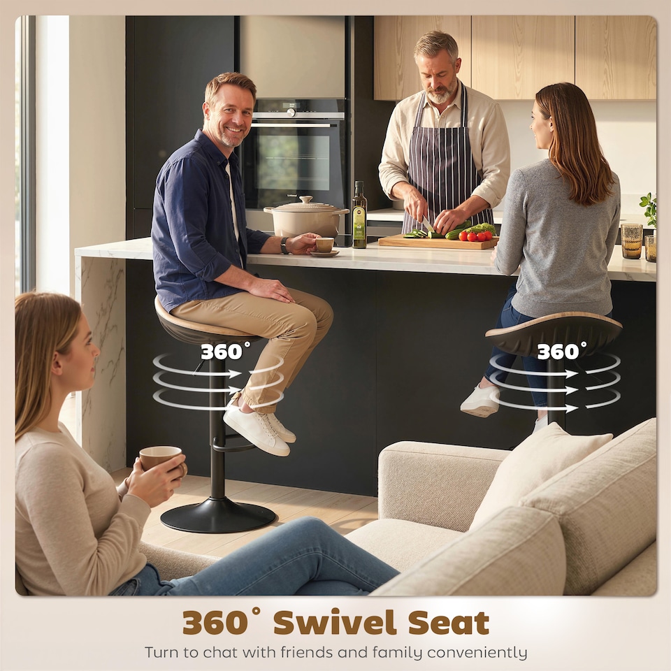 image 1 of HOMCOM Set of 2 Breakfast Barstools, PU Leather Swivel Bar Stools, Oak | Brown | Oak | 40 x 40 x 63-84 cm