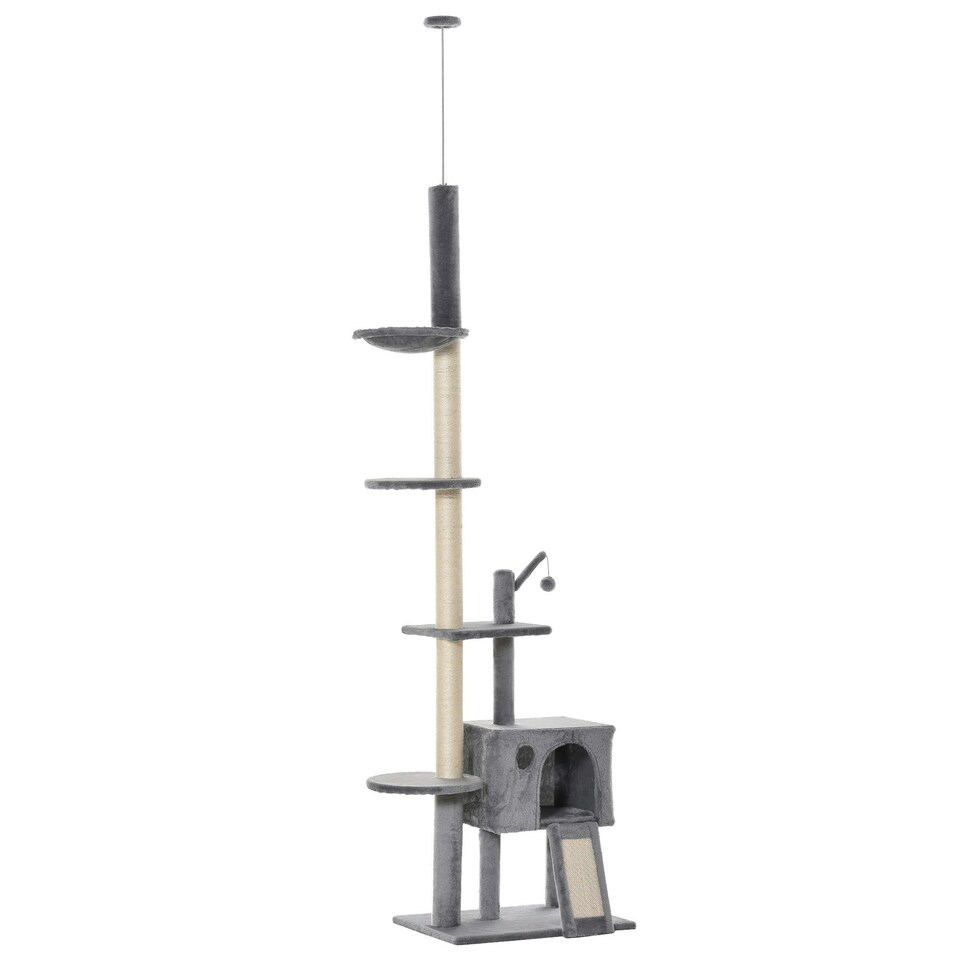 image 1 of PawHut 270cm Floor To Ceiling Cat Tree Scratching Post with Hammock, Grey