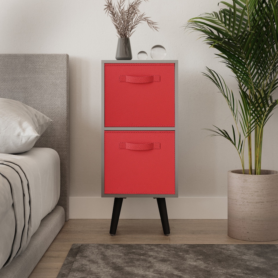 image 1 of Grey 2-Tier 2-Drawer Cube Shelving Unit with Scandinavian Legs | Red | Red & Black | 1