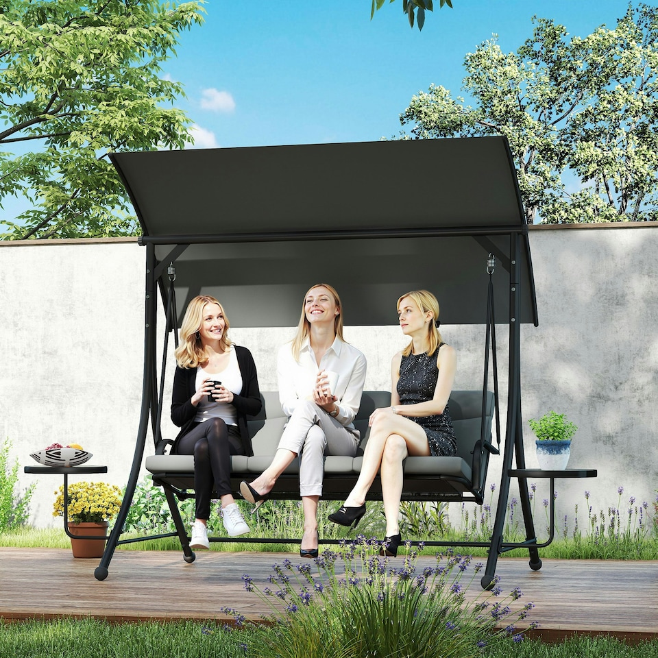 image 1 of Outsunny 3-Seater Swing Seat w/Canopy & Coffee Table, Dark Grey Grey | Dark Grey