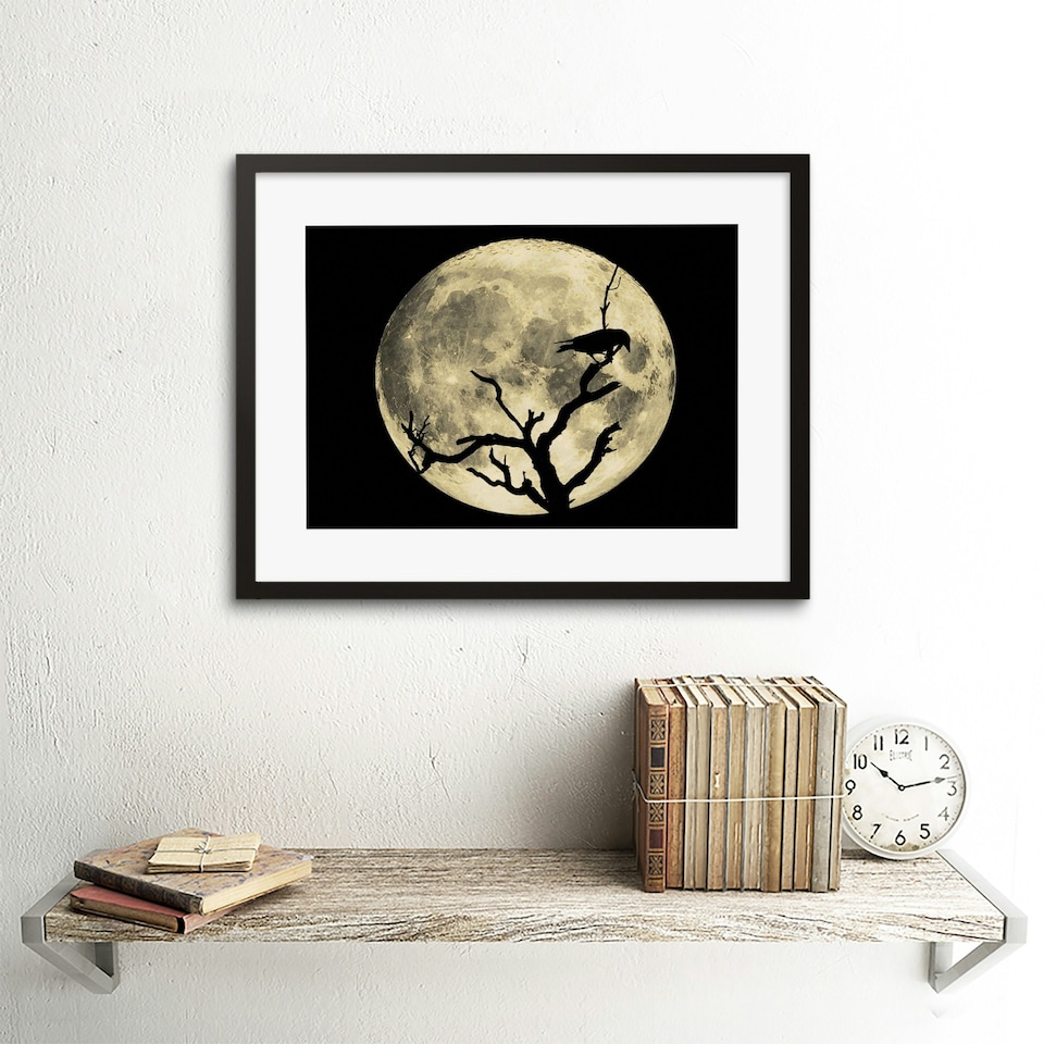 image 1 of Crow Silhouette Moon Black Grey Home Decor 12x16" Framed Wall Art Print