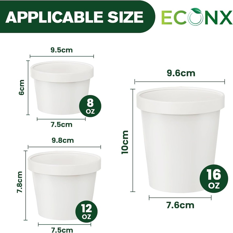 image 1 of ECONX 8oz White Disposable Paper Soup Cups Food Containers with Lids Takeaway Tubs 25pc
