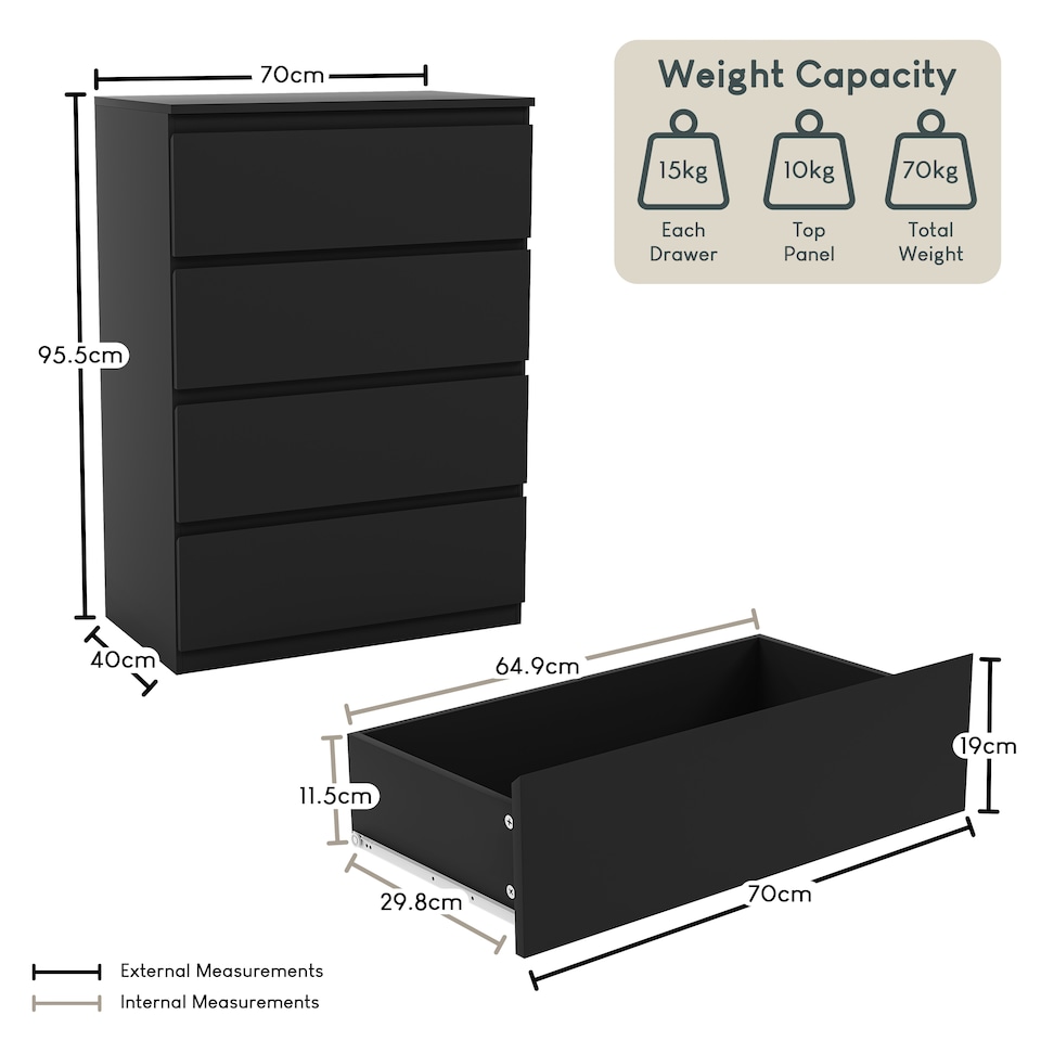 image 1 of Vida Designs Denver 4 Drawer Chest of Drawers Bedroom Storage, Black