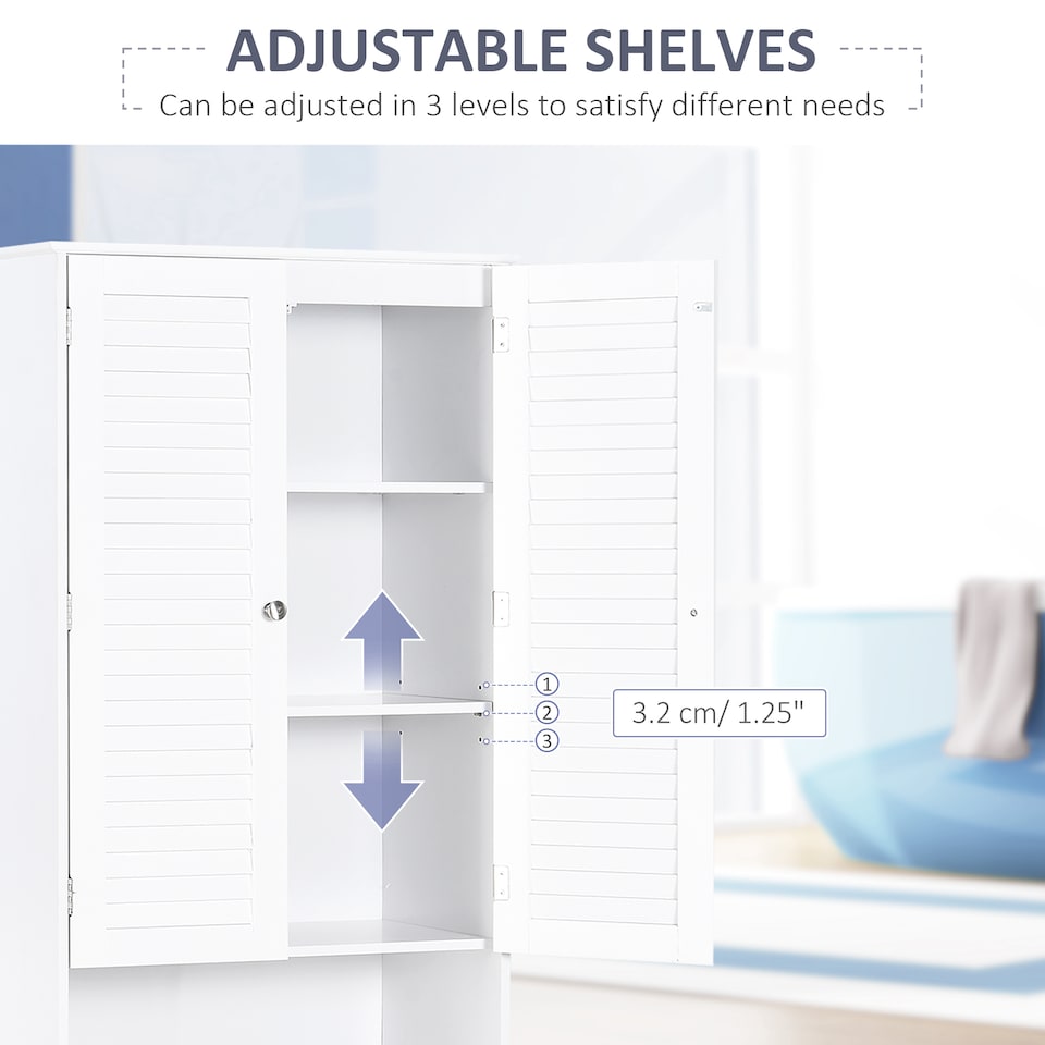 image 1 of HOMCOM Tall Freestanding Bathroom Cabinet Retro Shutters w  3 Compartments Shelves Elevated Base Narrow Organiser White 60L x 30W x 182.5H cm | White | White