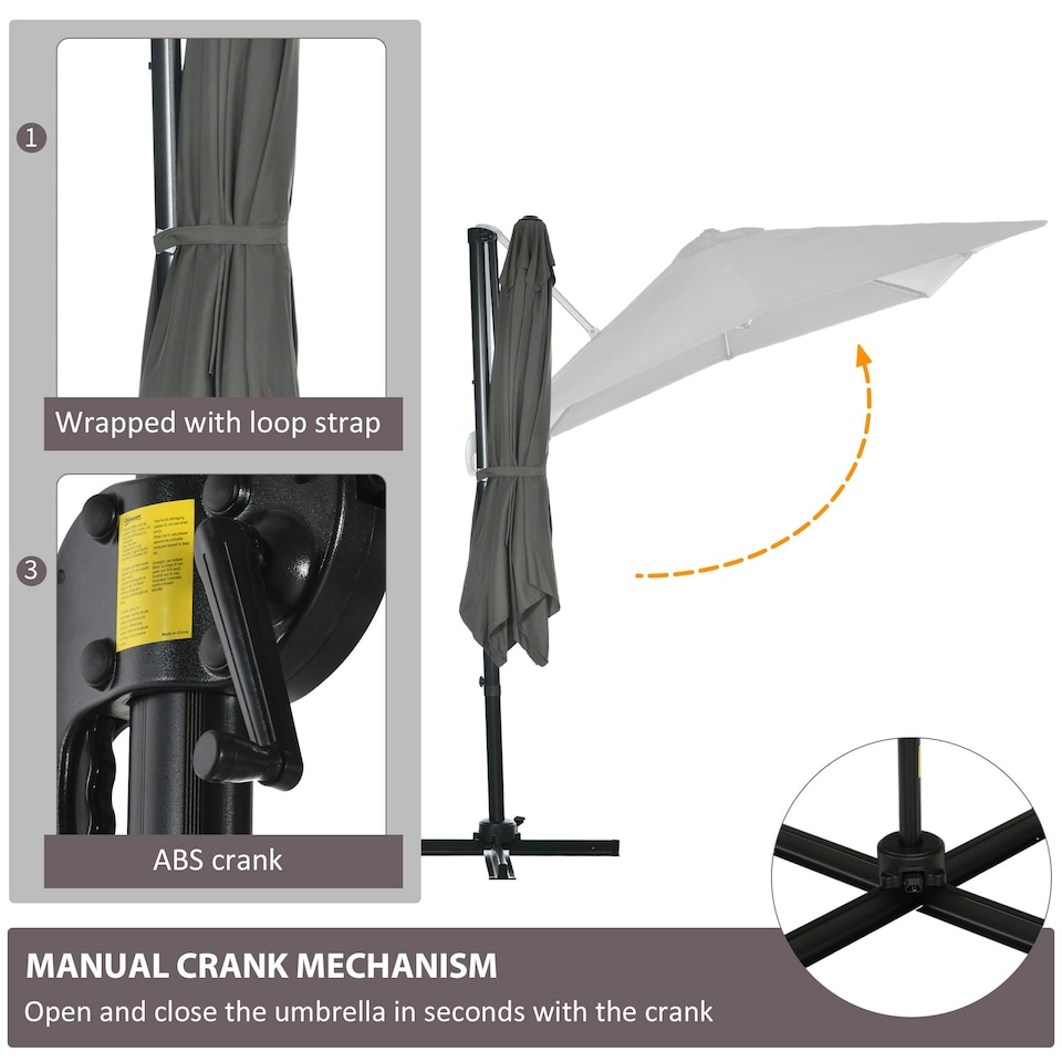 image 1 of Outsunny Square Cantilever Roma Parasol, 360-Degree Rotation, Grey