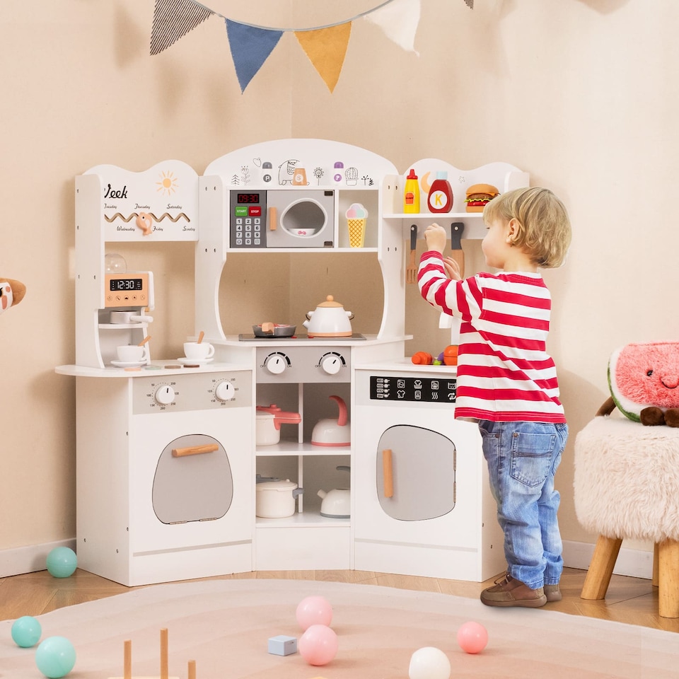 image 1 of COSTWAY Corner Wooden Play Kitchen Toddler Kitchen Playset w/Sounds-White