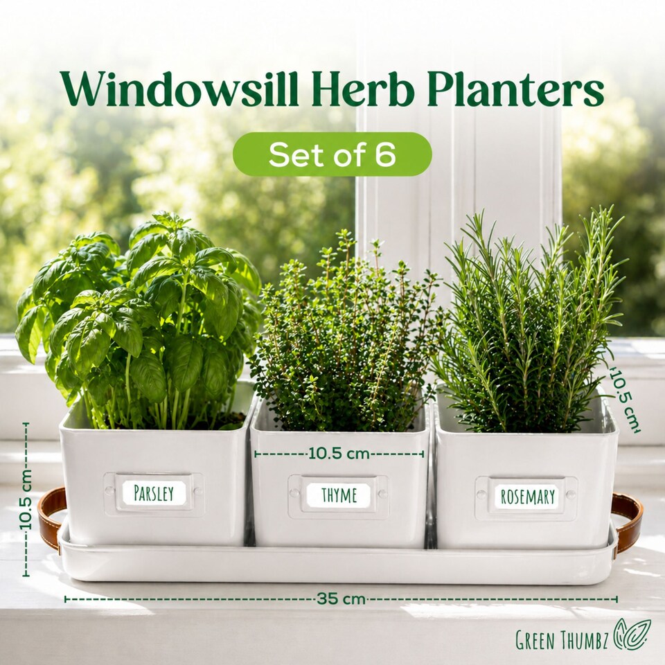 image 1 of Set of 6 White Indoor Herb Pots with Tray