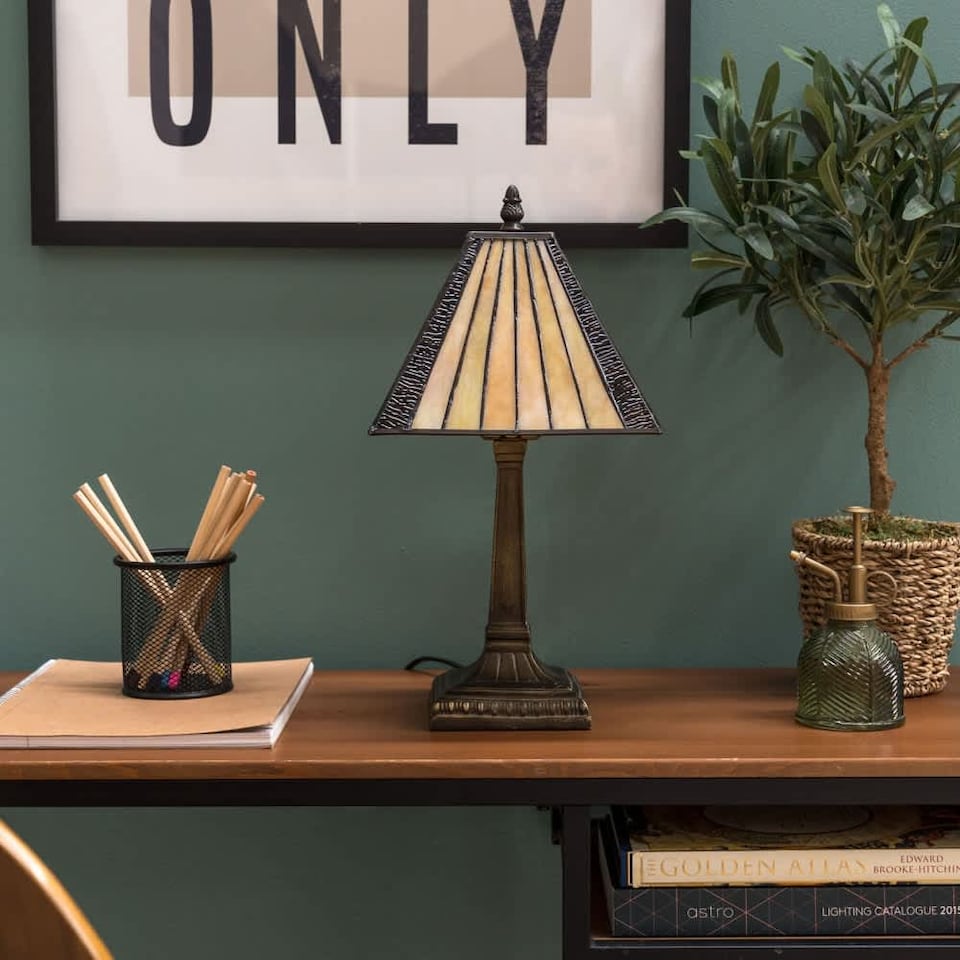 image 1 of ValueLights Tiffany Stained Glass Shade Antique Brass Table Lamp | Multi