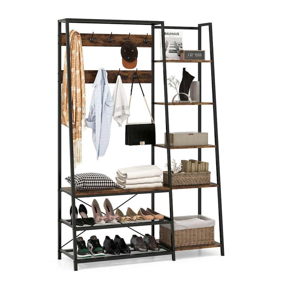 image 1 of COSTWAY 5-in-1 Entryway Bench Industrial Coat Rack with 9 Hooks | Brown | One Size
