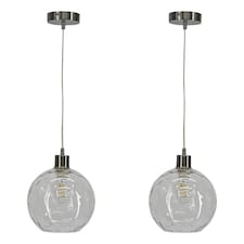 First Choice Lighting Set of 2 Barnum Clear Dimple Glass Globe with Satin Nickel Pendant Fittings Silver | Clear