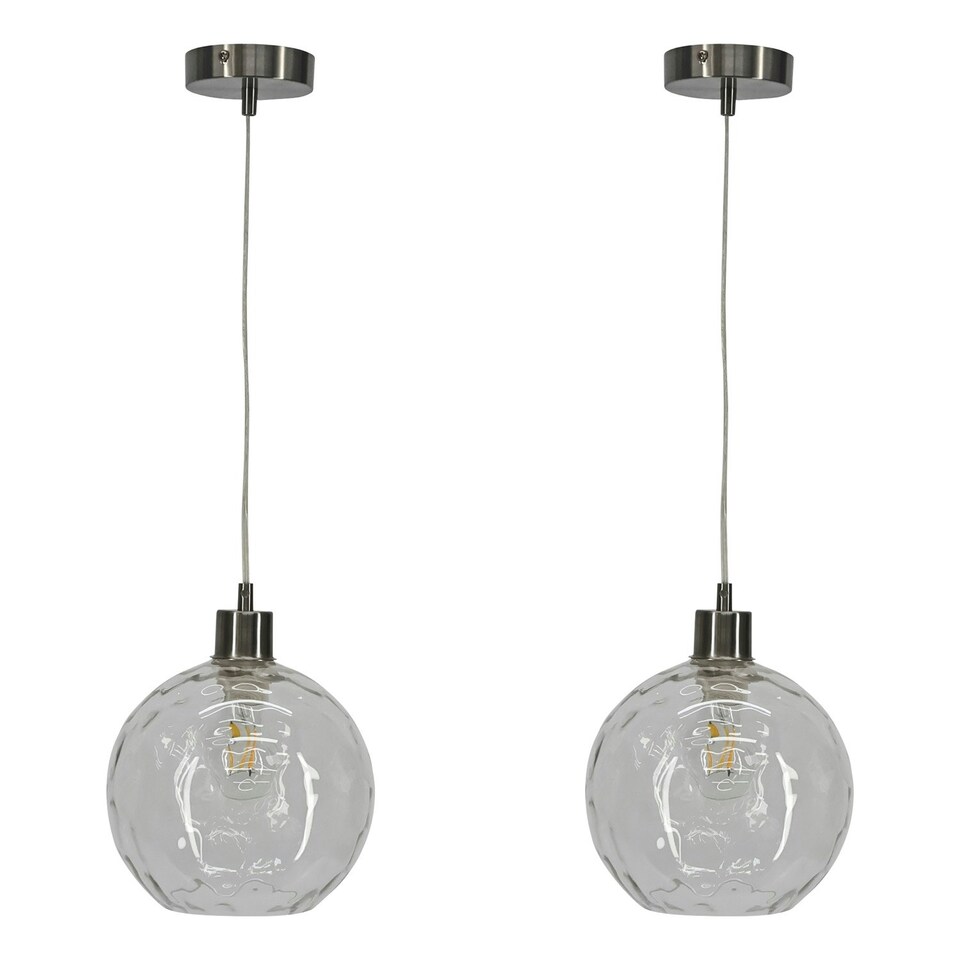 image 1 of First Choice Lighting Set of 2 Barnum Clear Dimple Glass Globe with Satin Nickel Pendant Fittings Silver | Clear