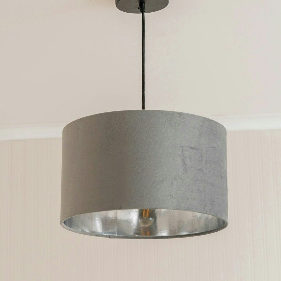 image 1 of ValueLights Reni Medium Grey Velvet Chrome Inner Lamp Shade & Bulb Grey
