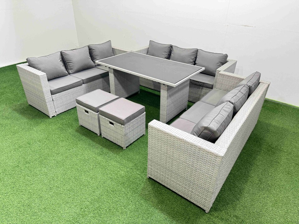image 1 of Fimous Patio Outdoor Garden Furniture Sets with Black Glass Top Dining Table 3 Seater Sofa 2 Small Stool Light Grey