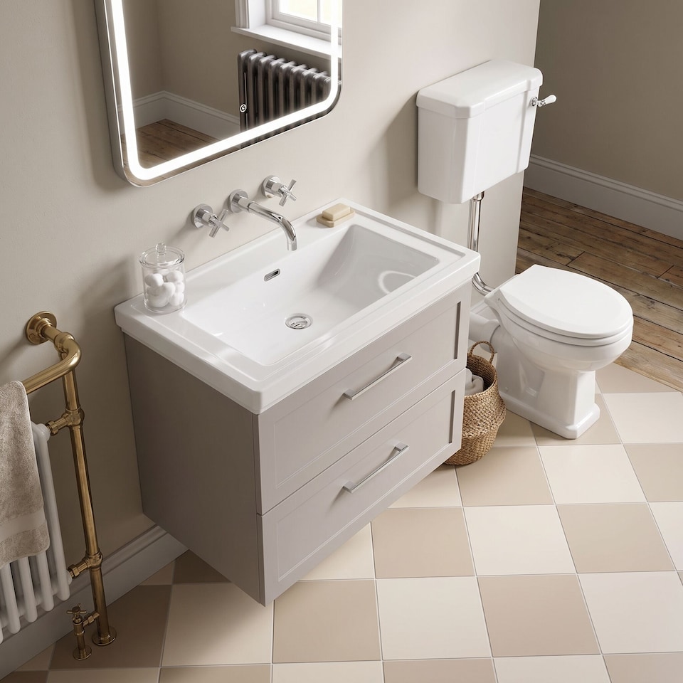 image 1 of Balterley Stonnall Traditional Wall Hung 2 Drawers Vanity Unit with Traditional 0 Tap Hole Fireclay Basin, 800mm, Pebble Grey