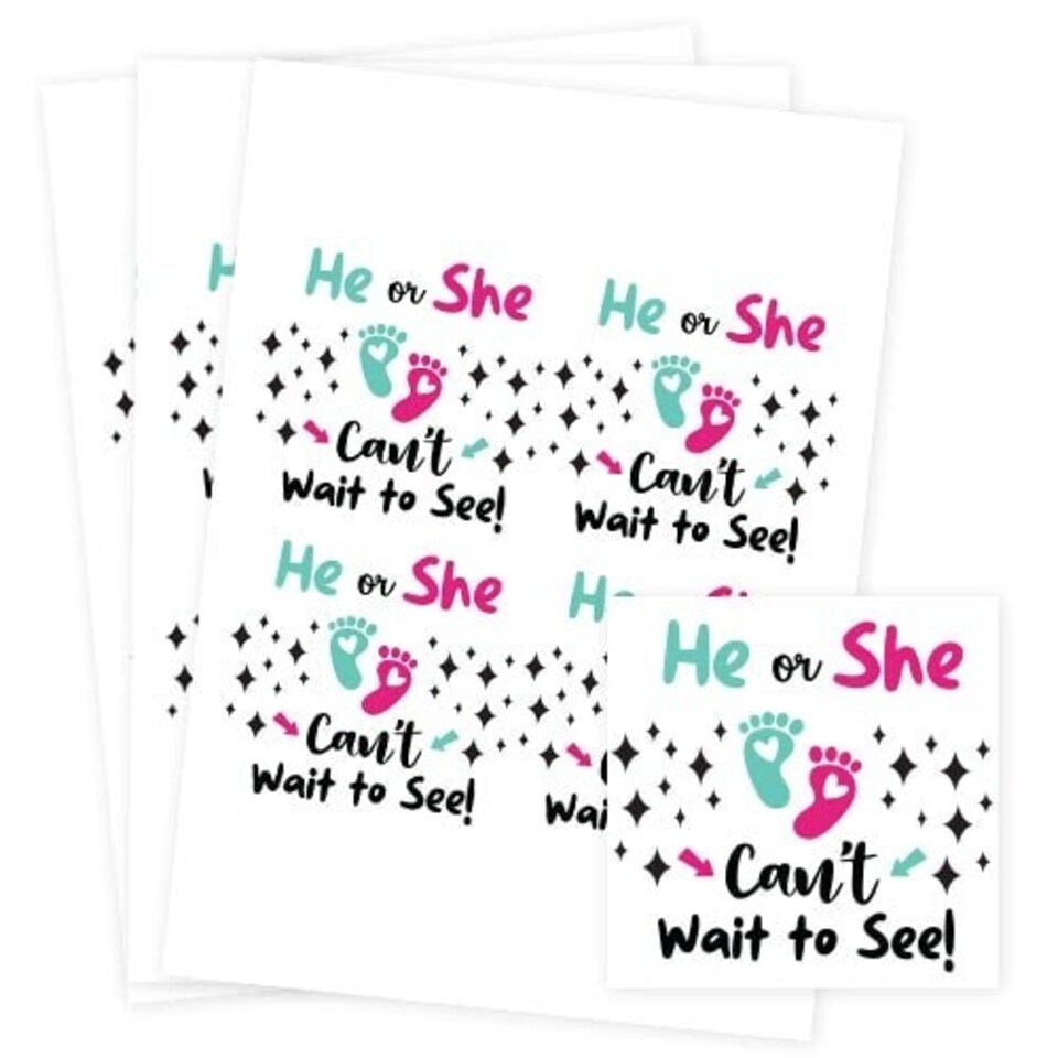 Can't Wait to See Gender Reveal Square Stickers 95mm - Sheet of 4