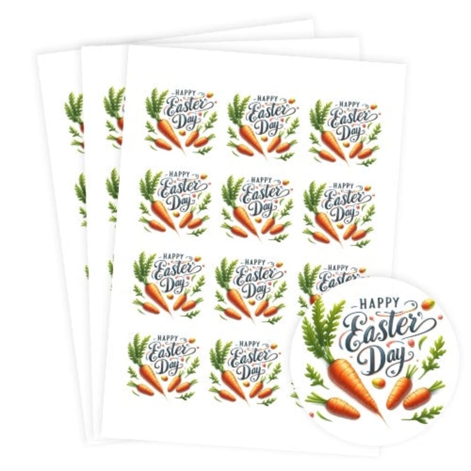 image 1 of Happy Easter Carrots Round Stickers 60mm - Sheet of 12