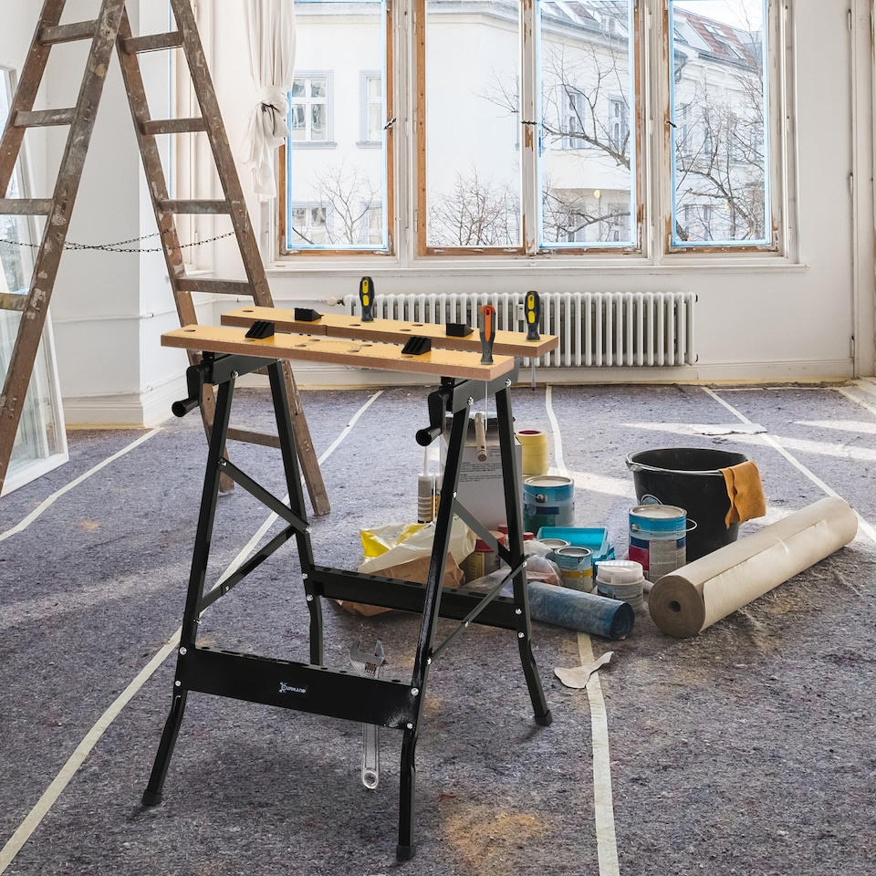 image 1 of DURHAND 4-in-1 Work Bench, Folding Clamp Table w 4 Adjustable Clamping Pegs for DIY Home Garage, Black | Black | 1