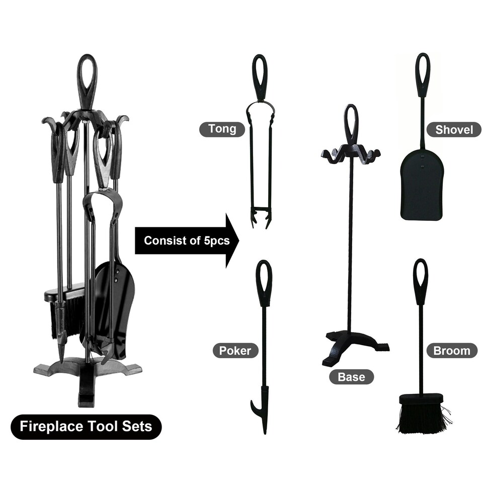image 1 of Black Fireplace Fireside 5 Piece Set including Stand
