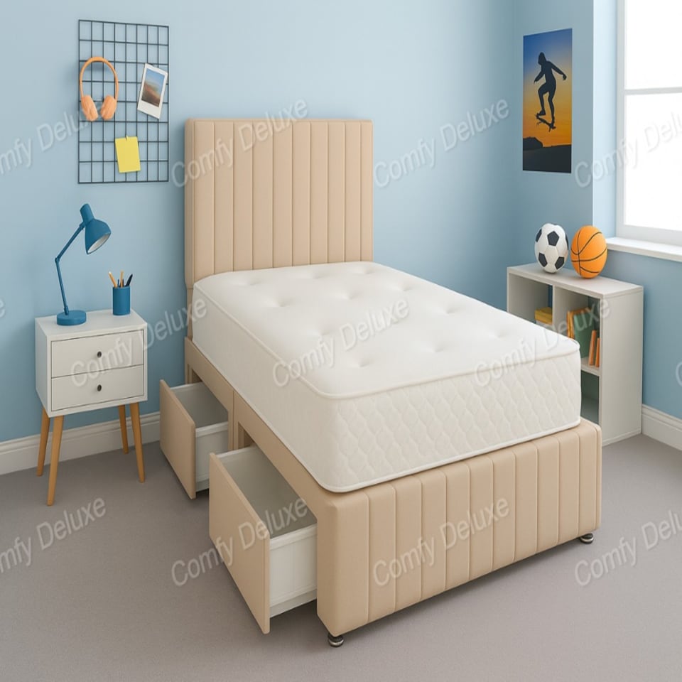 Coffee Plush 3ft Single Divan Bed Set Headboard & Footboard - 2 Drawers Right Side Laying in Bed