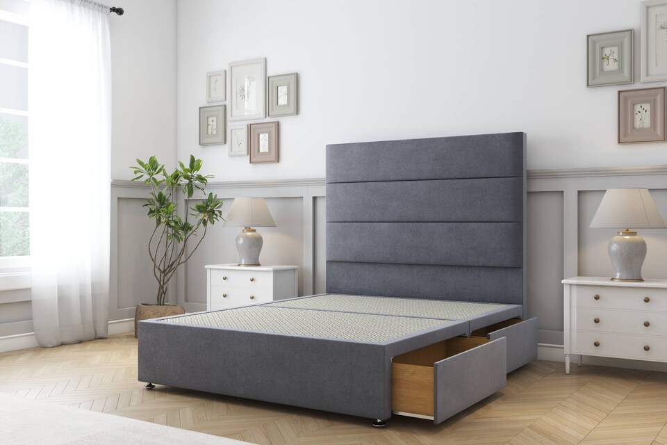 image 1 of Sloomy Texas Steel Plush Divan Bed With Mattress No Drawers With 54" Floor Standing Headboard 4'6 Double | Grey | Steel | Double | 1