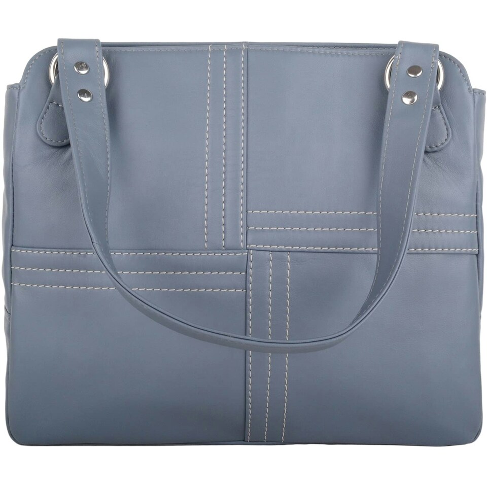 image 1 of Large Genuine Soft Leather Shoulder Contrast Stitch Handbag Blue | Denim