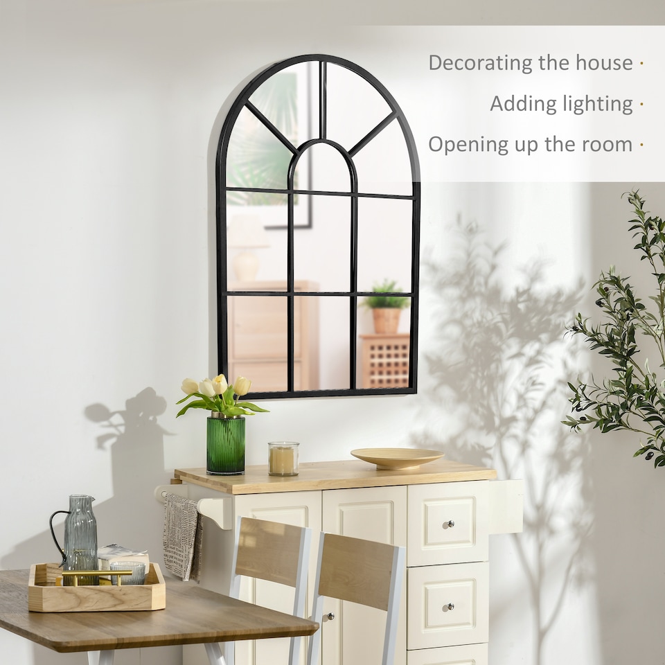 image 1 of HOMCOM Modern Arched Window Wall Mirror for Living Room Bedroom, 91x60cm, Black