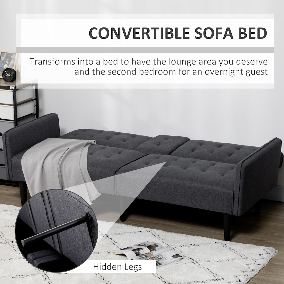 image 1 of HOMCOM Click Clack Sofa Bed, Linen-Feel Fabric 3 Seater Sofa for Living RoomSpare RoomGuest Room, Bed Settee with Cup Holders, Grey