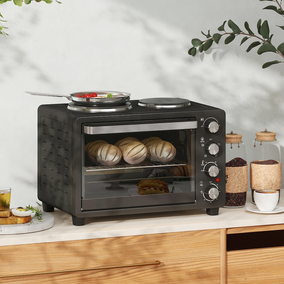 image 1 of HOMCOM 28L Countertop Toaster Oven with 2 Hot Plates, Grill, Roast, Bake | Black