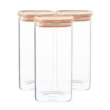 Argon Tableware Square Glass Storage Jars with Wooden Lids - 1.5 Litre - Pack of 3