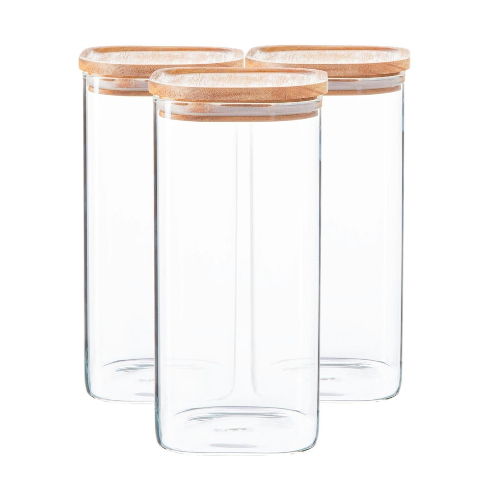 image 1 of Argon Tableware Square Glass Storage Jars with Wooden Lids - 1.5 Litre - Pack of 3