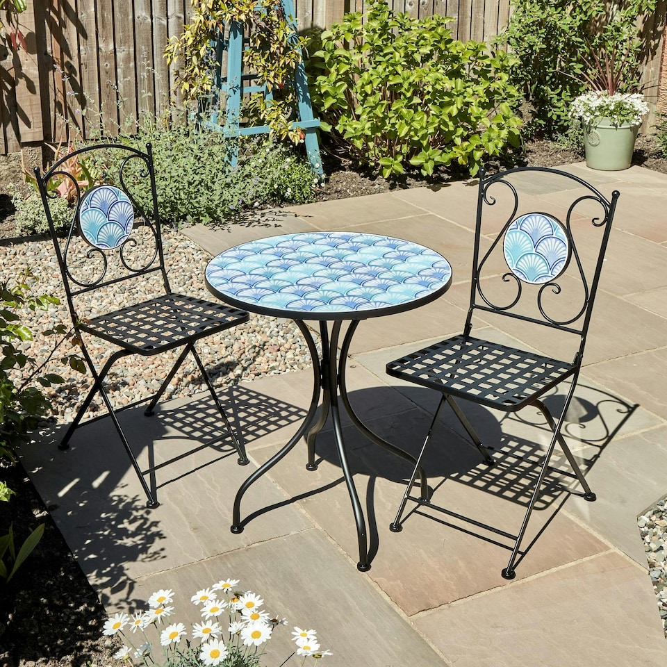 image 1 of Ocean Blue Shell Mosaic Bistro Patio Set Outdoor Garden Balcony Furniture Unit