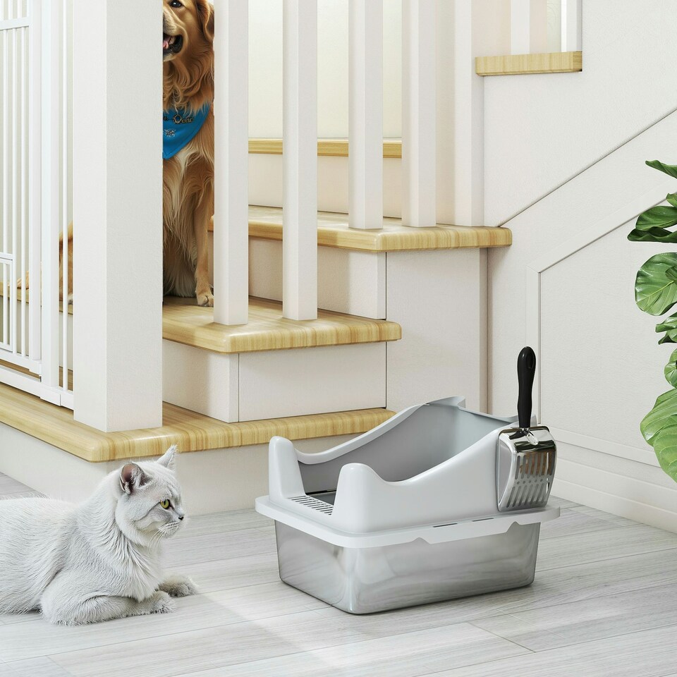 image 1 of PawHut Stainless Steel Cat Litter Box with High Sides Grey | M