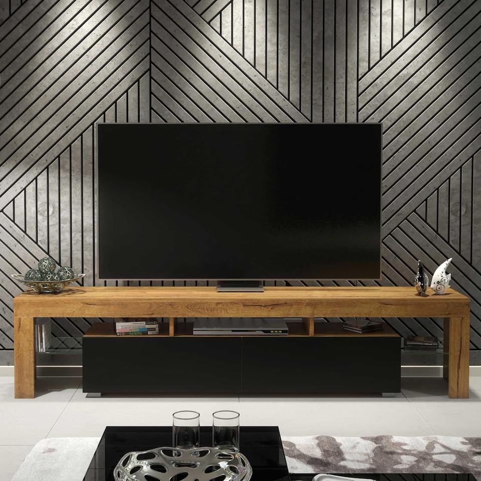 image 1 of TV Unit TV Stand Oak Black Media Console Sideboard Storage Cabinet 200cm
