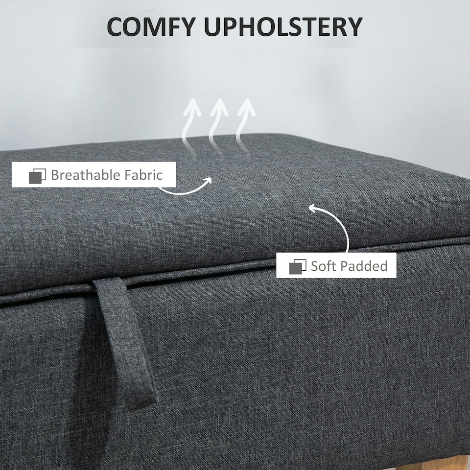 image 1 of HOMCOM Linen Storage Ottoman Storage Box with Rubberwood Legs, Dark Grey