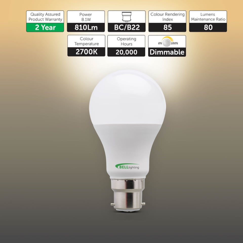 image 1 of BELL Lighting B22 Bayonet Dimmable 8.1W LED GLS Light Bulb Warm White 2700K