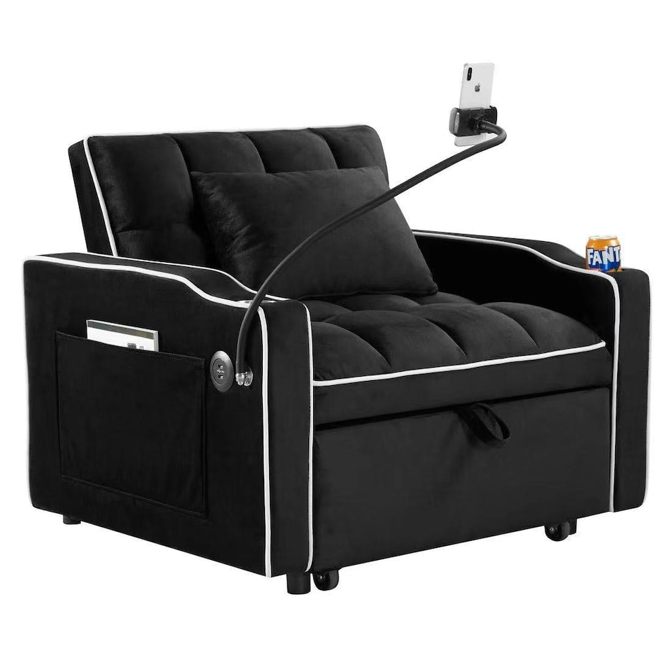 image 1 of 3-in-1 Convertible Black Sofa Bed Sleeper Chair with Adjustable Backrest, USB Charging & Cup Holder for Small Spaces Black